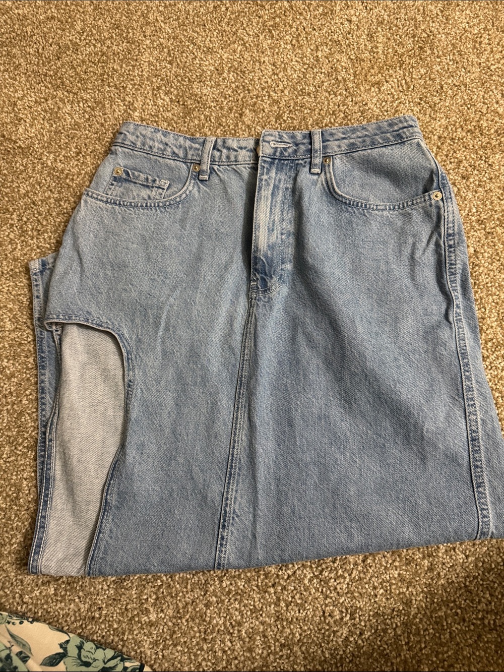 Francesca's Collections Light Blue Denim Midi Skirt with Side Cutout